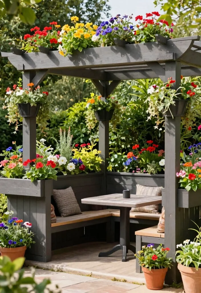 14 Patio Pergola Ideas That Provide Shade Without Full Coverage - 13. Pergola with Built-In Planter Boxes 1