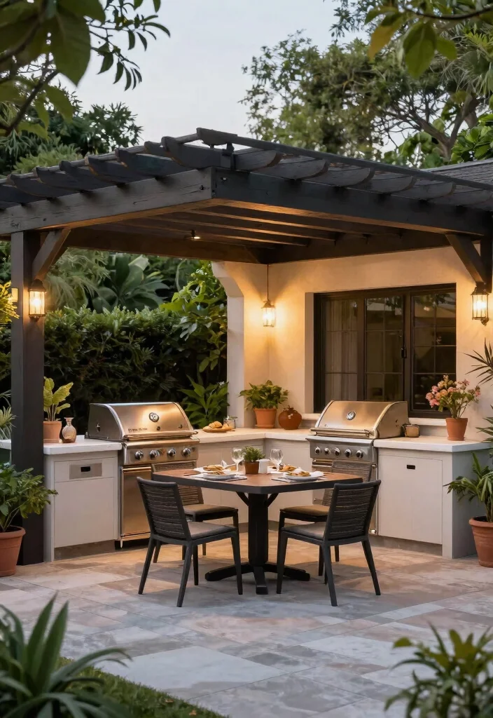 14 Patio Pergola Ideas That Provide Shade Without Full Coverage - 14. Multi-Purpose Pergola with Outdoor Kitchen 1