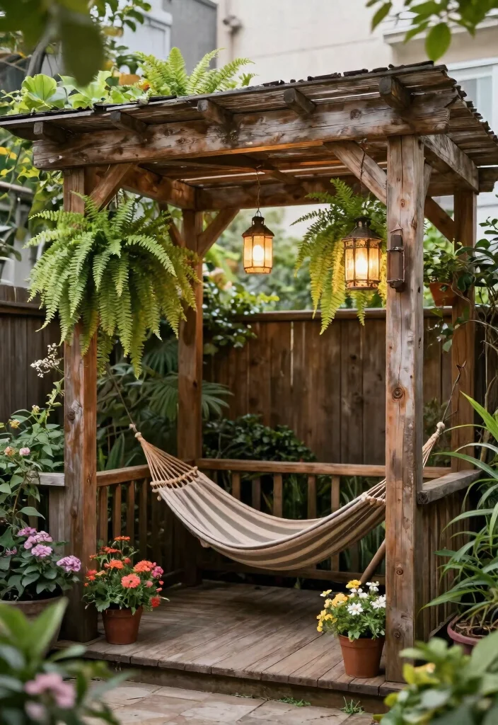 14 Patio Pergola Ideas That Provide Shade Without Full Coverage - 3. Rustic Wooden Pergola with Hanging Plants 1