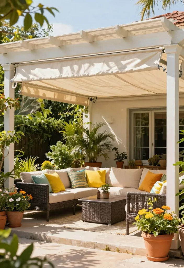 14 Patio Pergola Ideas That Provide Shade Without Full Coverage - 4. Pergola with Retractable Canopy 1