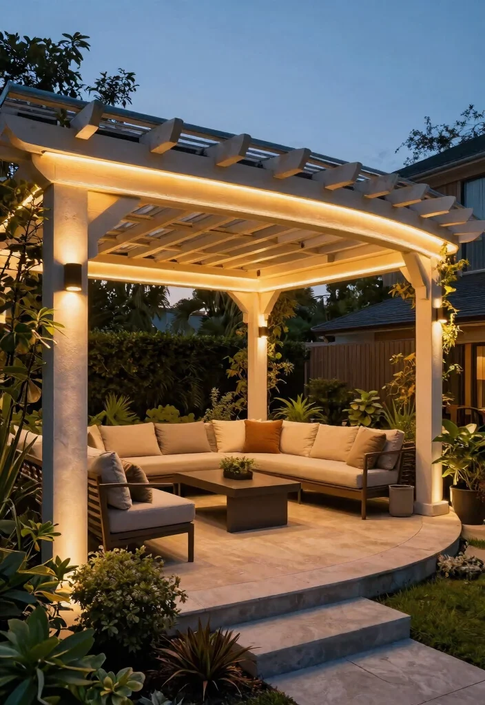 14 Patio Pergola Ideas That Provide Shade Without Full Coverage - 6. Curved Pergola with Integrated Lighting 1