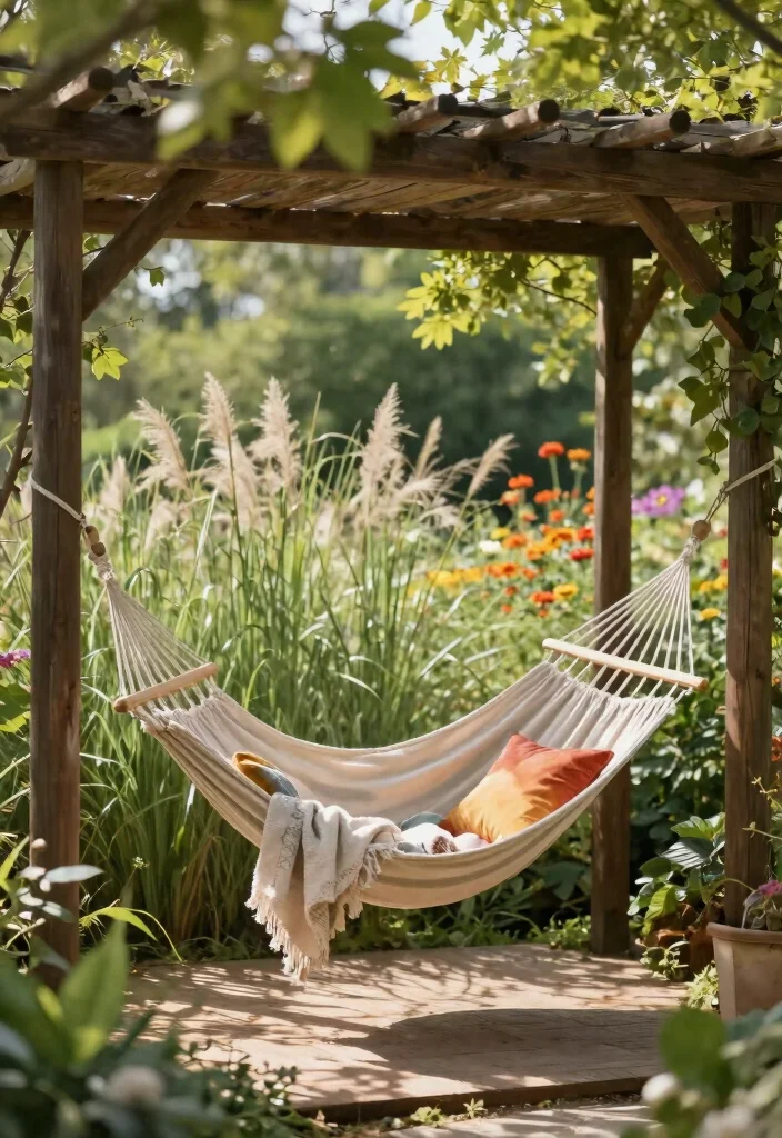 14 Patio Pergola Ideas That Provide Shade Without Full Coverage - 8. Freestanding Pergola with Hanging Hammock 1