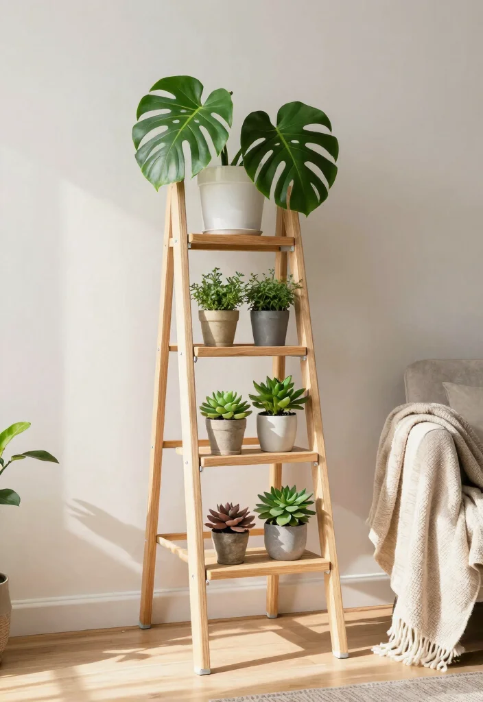 14 Plant Stand Decor Ideas That Work in Small Spaces - 11. Plant Display Ladder 1