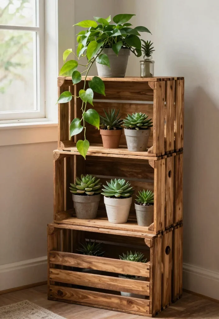 14 Plant Stand Decor Ideas That Work in Small Spaces - 12. Repurposed Wooden Crates 1
