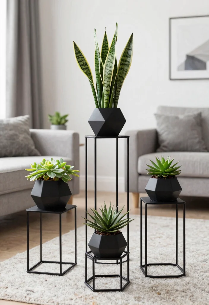 14 Plant Stand Decor Ideas That Work in Small Spaces - 14. Unique Geometric Plant Stands 1
