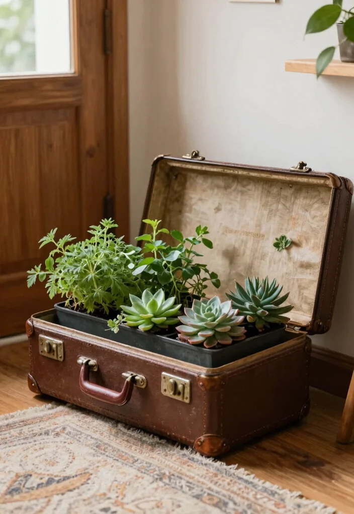 14 Plant Stand Decor Ideas That Work in Small Spaces - 8. Vintage Suitcase Planter 1