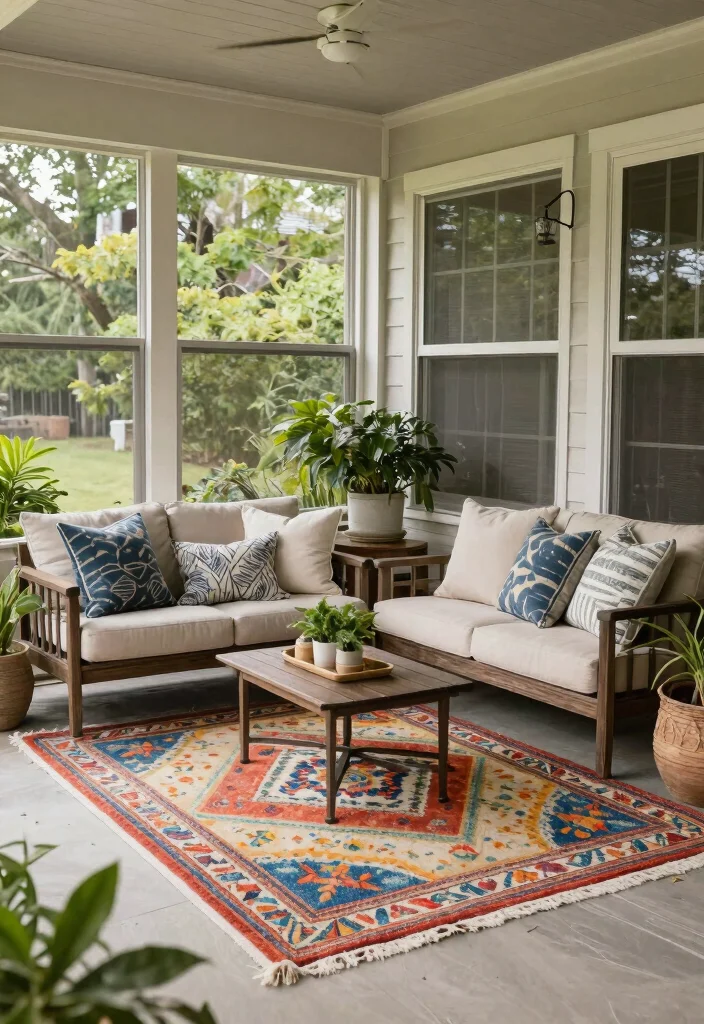 14 Screened In Porch Furniture Ideas That Handle Humidity Without Mildew - 7. Durable Outdoor Rugs 1