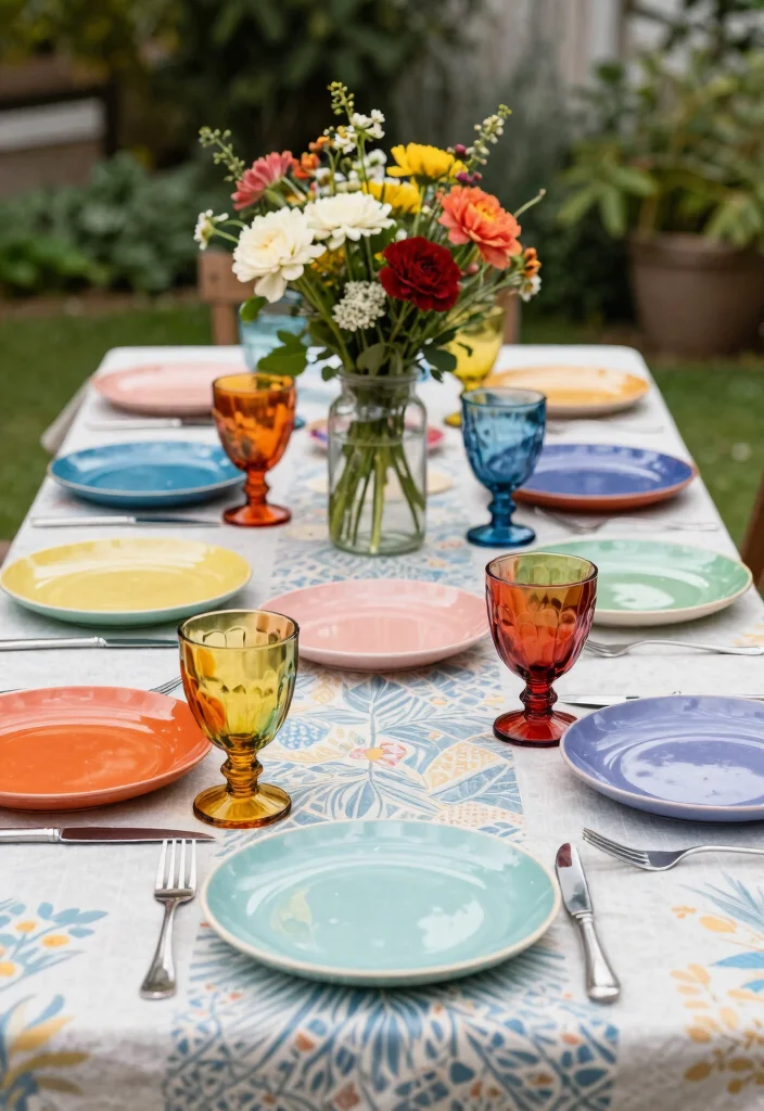 14 Terrace Party Decoration Ideas on a Budget That Look Expensive - 3. Colorful Table Settings with Mismatched Dishware 1