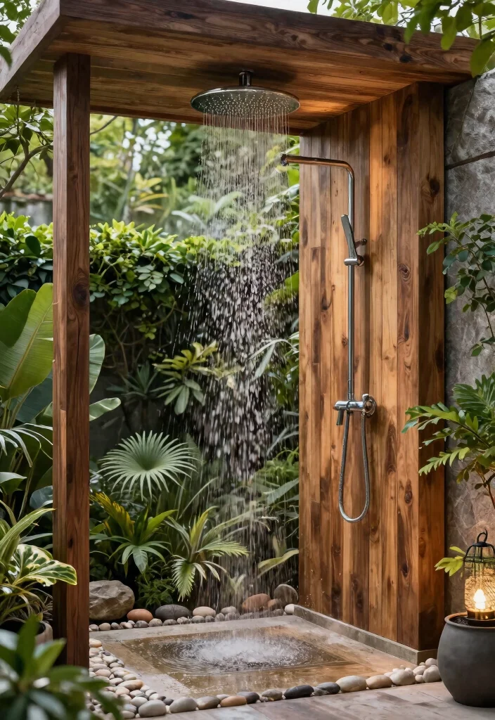 15 Ceiling Shower Head Ideas That Feel Like a Luxury Spa - 13. Outdoor Shower Experience 1
