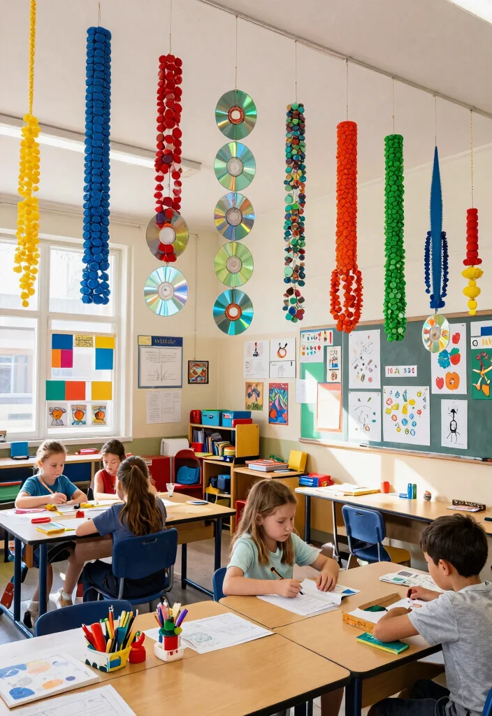 15 Classroom Ceiling Decorations That Stay Up All Year Without Falling - 9. Colorful Upcycled Decorations 1
