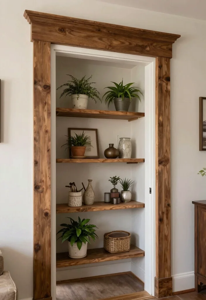 15 Farmhouse Door Trim Concepts That Hide Uneven Drywall Edges - 12. Farmhouse Trim with Integrated Shelves 1