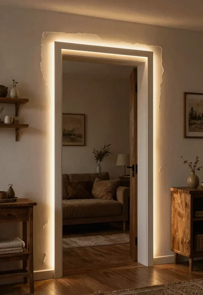 15 Farmhouse Door Trim Concepts That Hide Uneven Drywall Edges - 13. Transitional Trim with Built-in Lighting 1