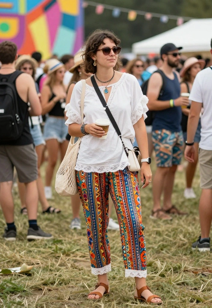 15 Outdoor Festival Outfit Ideas That Keep You Cool All Day - 10. Classic White Top and Colorful Pants 1