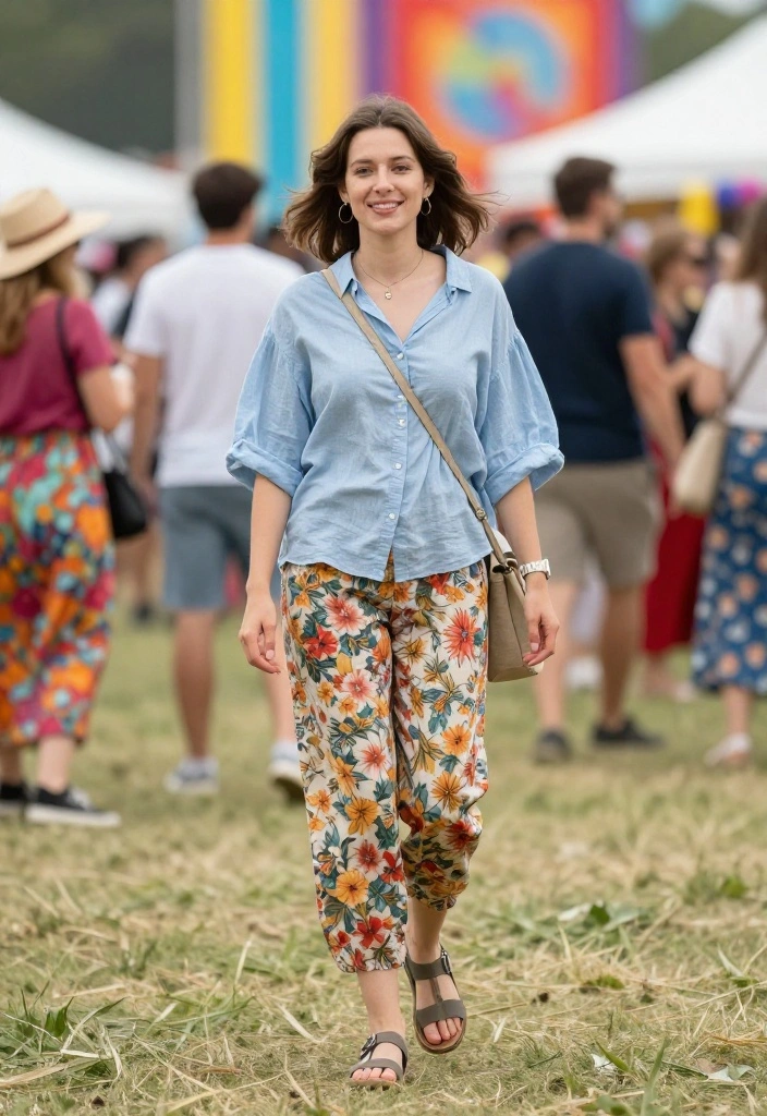 15 Outdoor Festival Outfit Ideas That Keep You Cool All Day - 11. Soft Chambray Shirt and Floral Pants 1