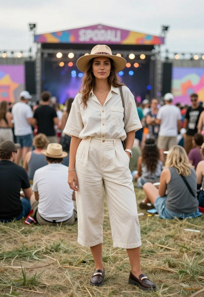 15 Outdoor Festival Outfit Ideas That Keep You Cool All Day - 13. Short-Sleeve Button-Up and Cropped Trousers 1
