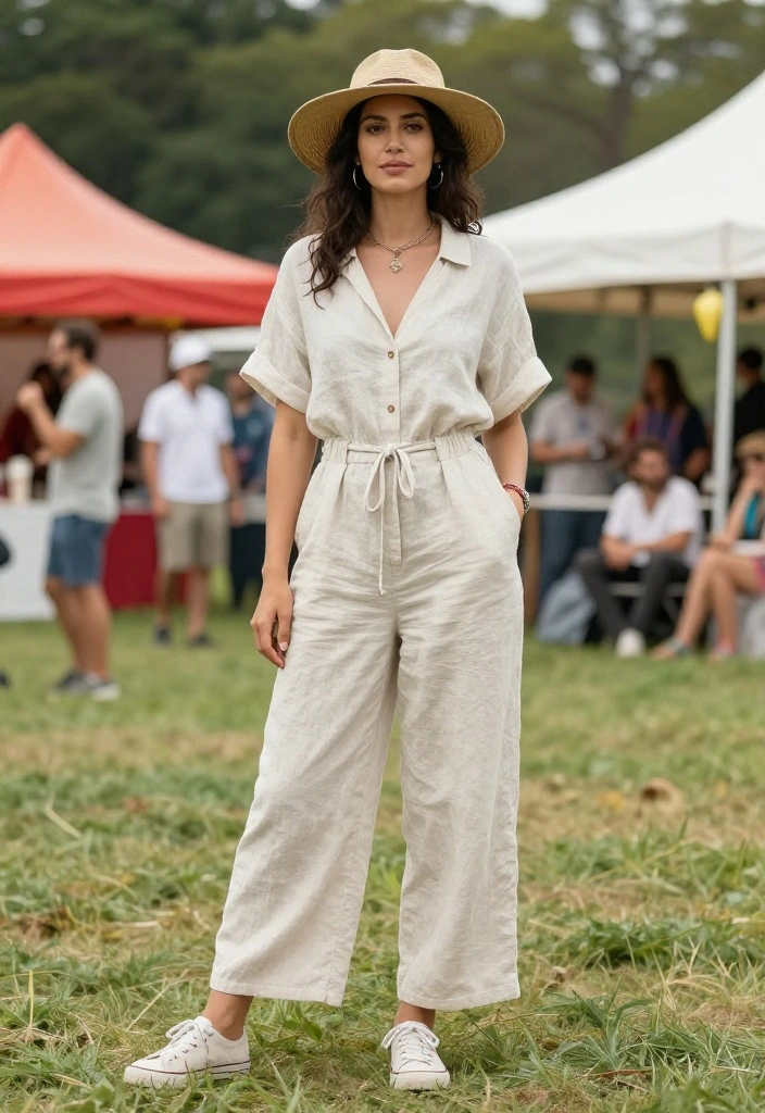 15 Outdoor Festival Outfit Ideas That Keep You Cool All Day - 3. Breezy Linen Jumpsuit 1