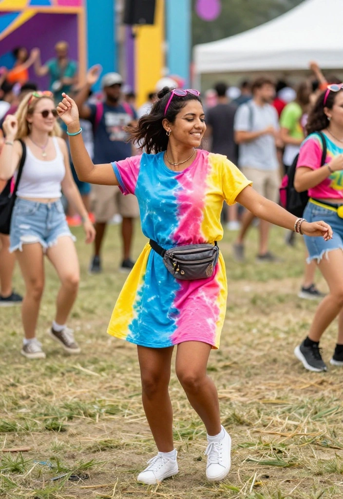 15 Outdoor Festival Outfit Ideas That Keep You Cool All Day - 8. Tie-Dye T-Shirt Dress 1