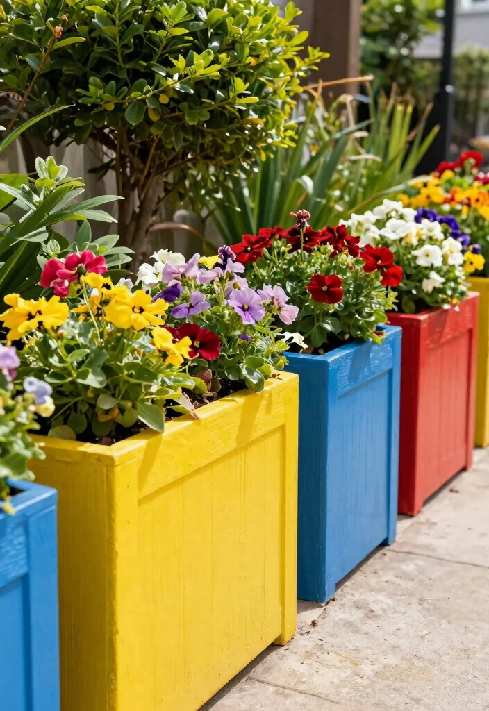 15 Outdoor Planter Box Ideas That Hide Ugly Foundation Walls - 9. Colorful Painted Planter Boxes 1