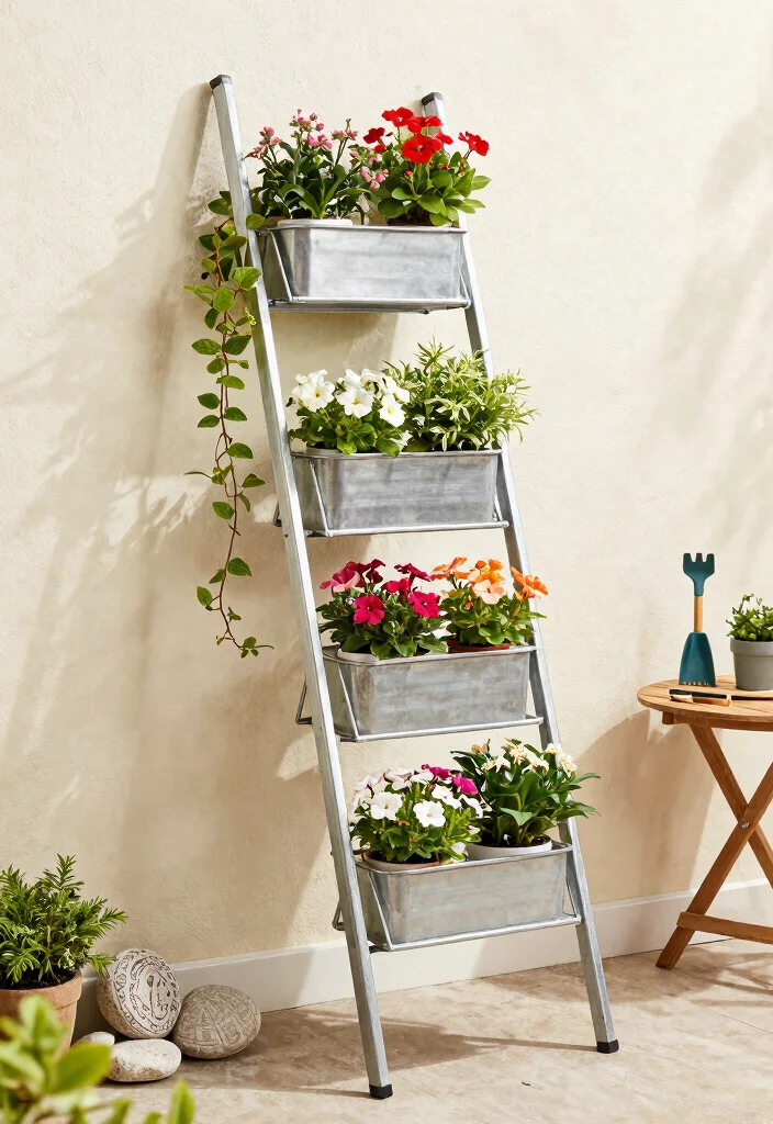 15 Planter Box Design Ideas for Porches With No Garden Space - 3. Metal Ladder Planter 1