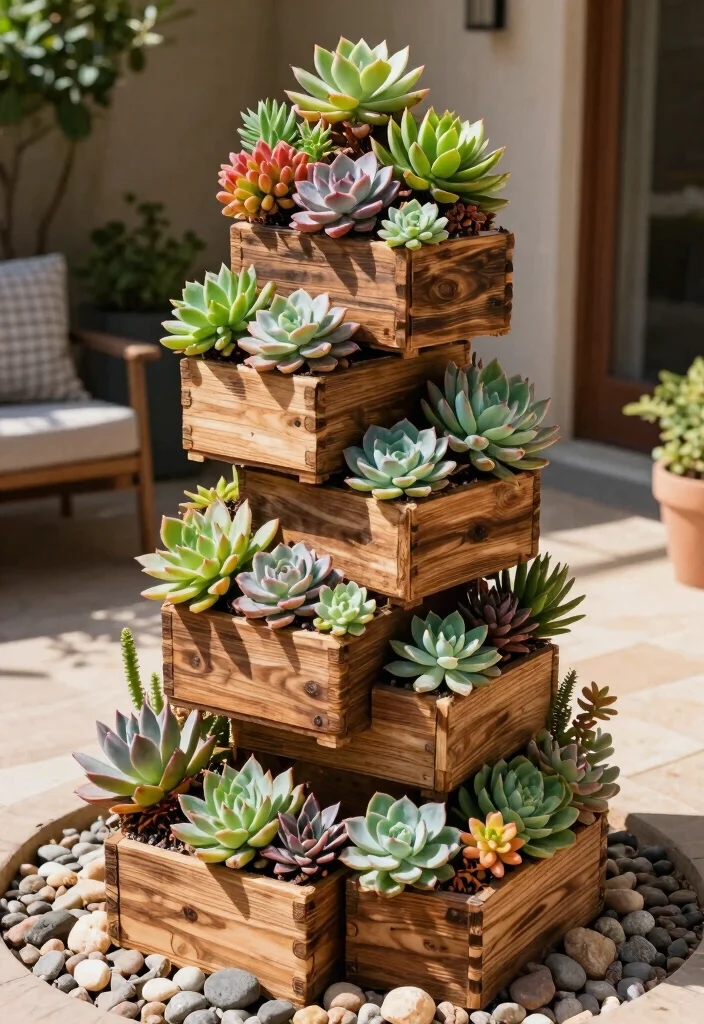 15 Planter Box Design Ideas for Porches With No Garden Space - 5. Vertical Succulent Tower 1