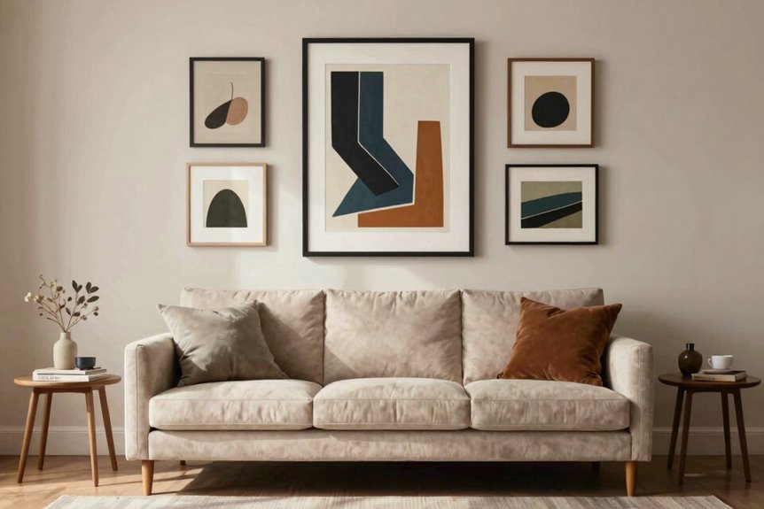 How Do You Create a Gallery Wall Behind Your Sofa? 5 anchor big piece two thirds width