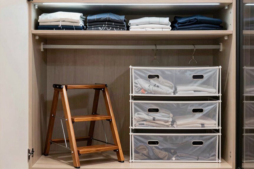 10 Ways to Store Lots of Clothes in a Small Space 11 foldable stool for top shelf access