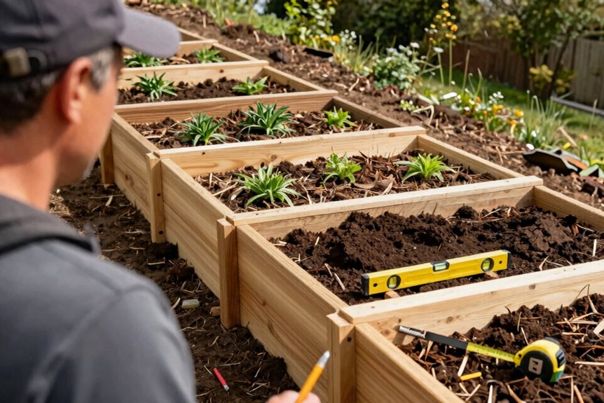 How to Build Raised Garden Beds on a Slope in 10 Steps 9 install seat rails verify level