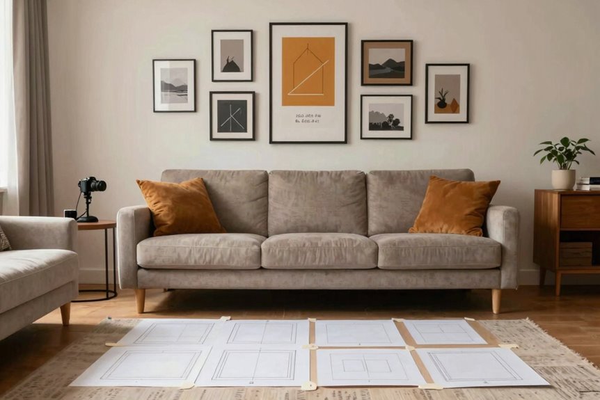 How Do You Create a Gallery Wall Behind Your Sofa? 2 layout floor tape anchor piece