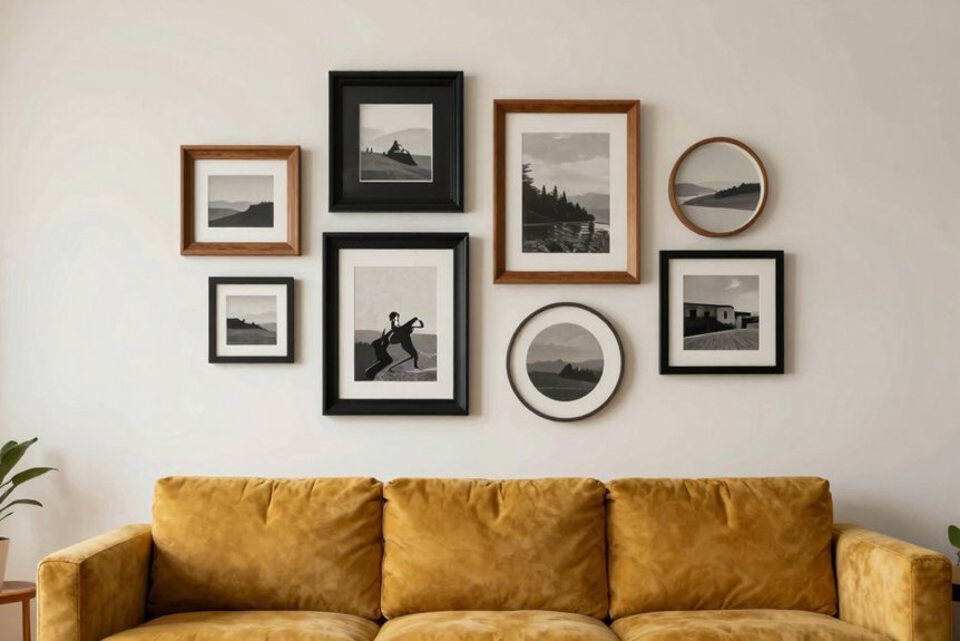 How Do You Create a Gallery Wall Behind Your Sofa? 6 mix horizontal vertical round shapes