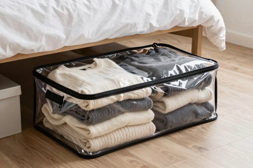 10 Ways to Store Lots of Clothes in a Small Space 6 see through under bed sweater storage