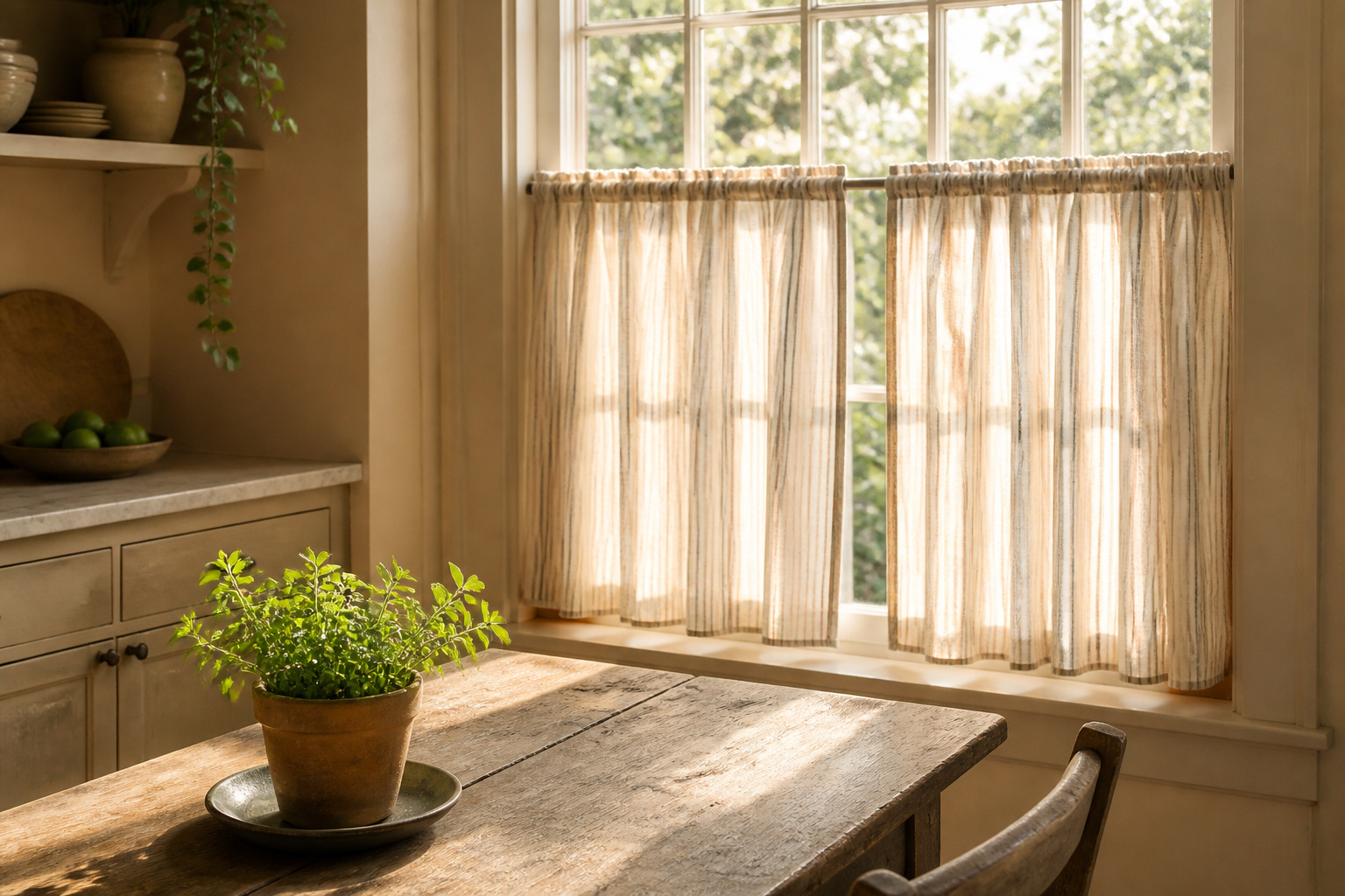 Various styles of Anthropologie café curtains displayed in kitchen settings.