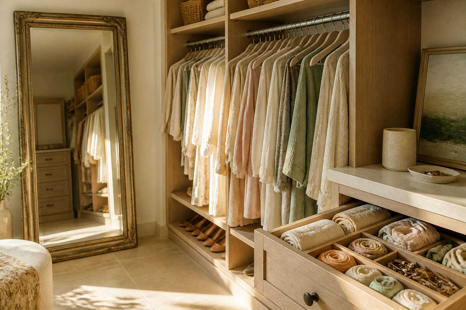 An organized master closet with various storage solutions and clothing displayed.