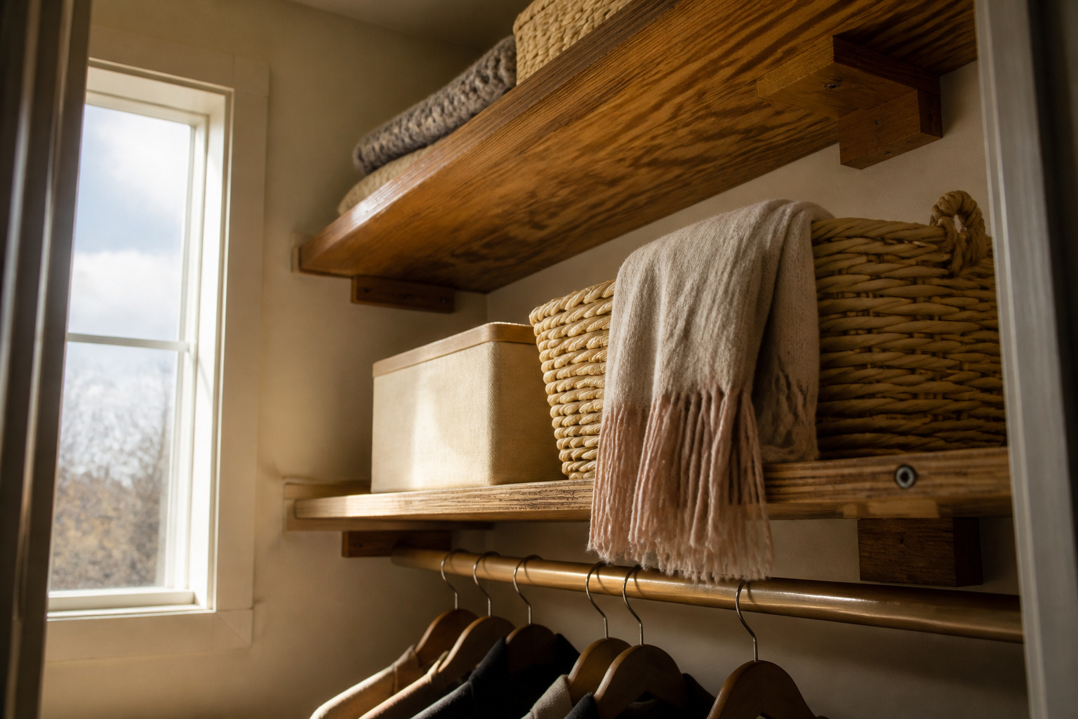 A closet featuring new shelves filled with neatly arranged items.