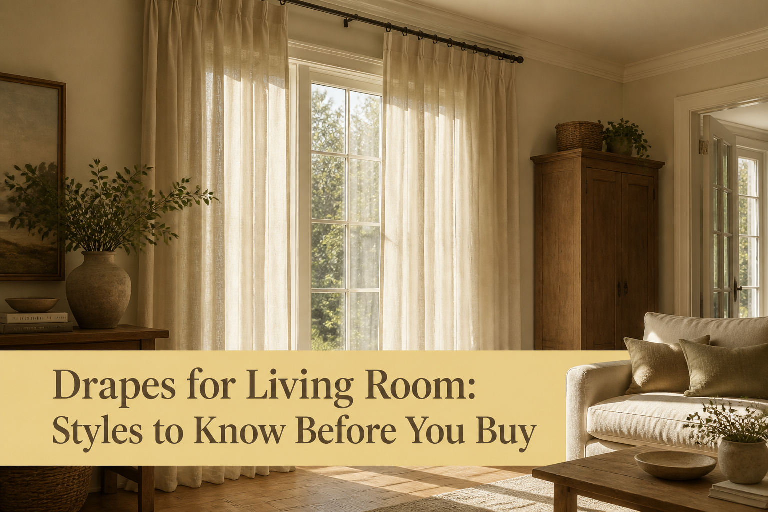 A living room with different styles of drapes and comfortable furniture.