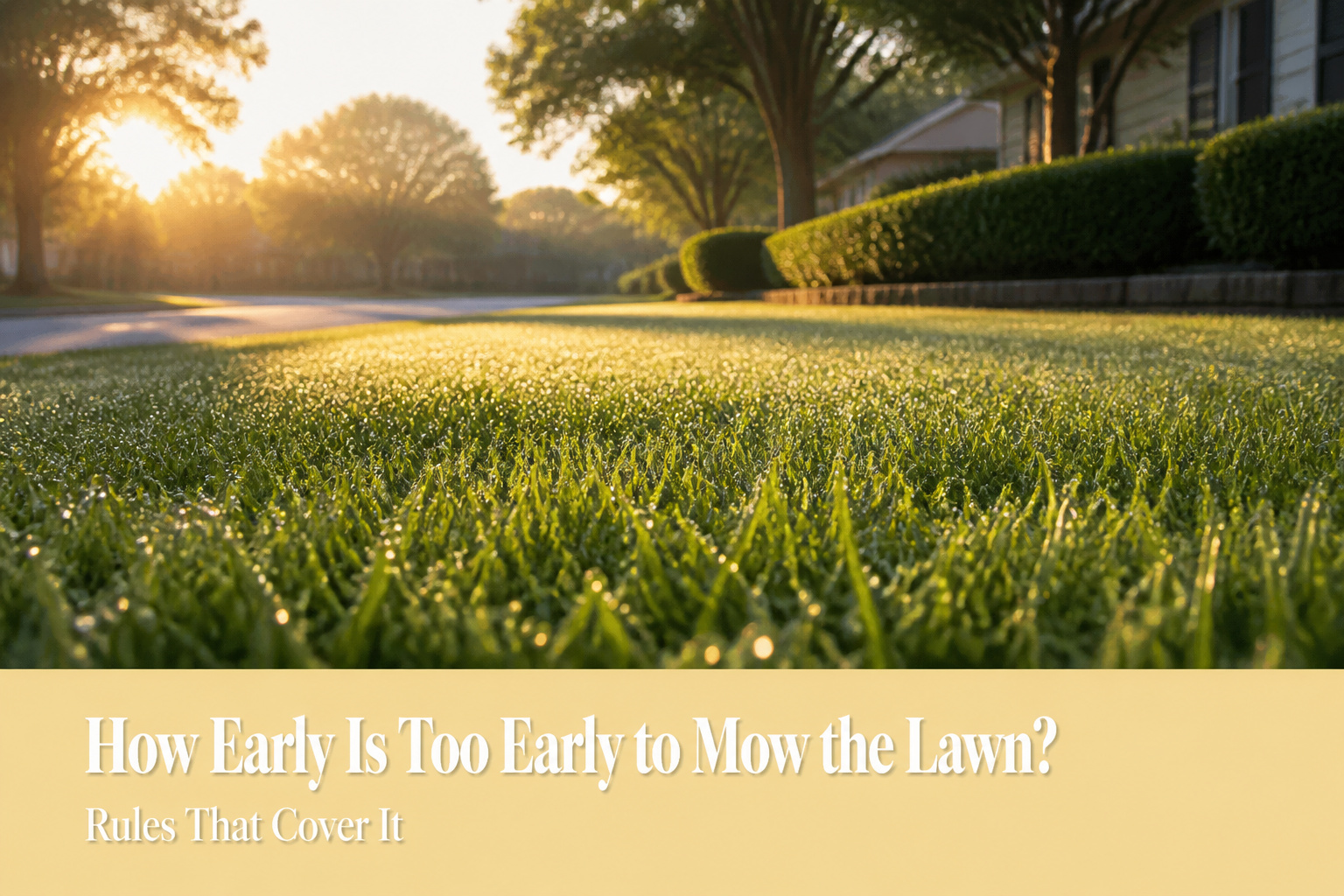 Suburban lawn with dew-kissed grass and houses in the background at dawn.