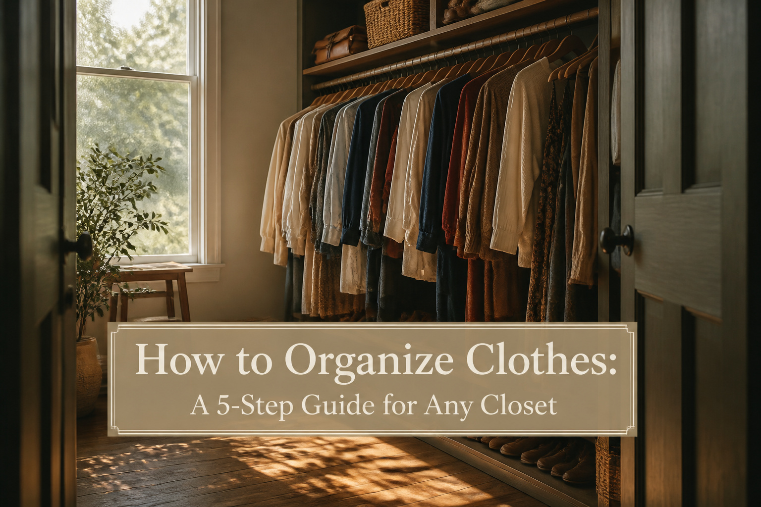 A well-arranged closet with organized clothes and various storage options.