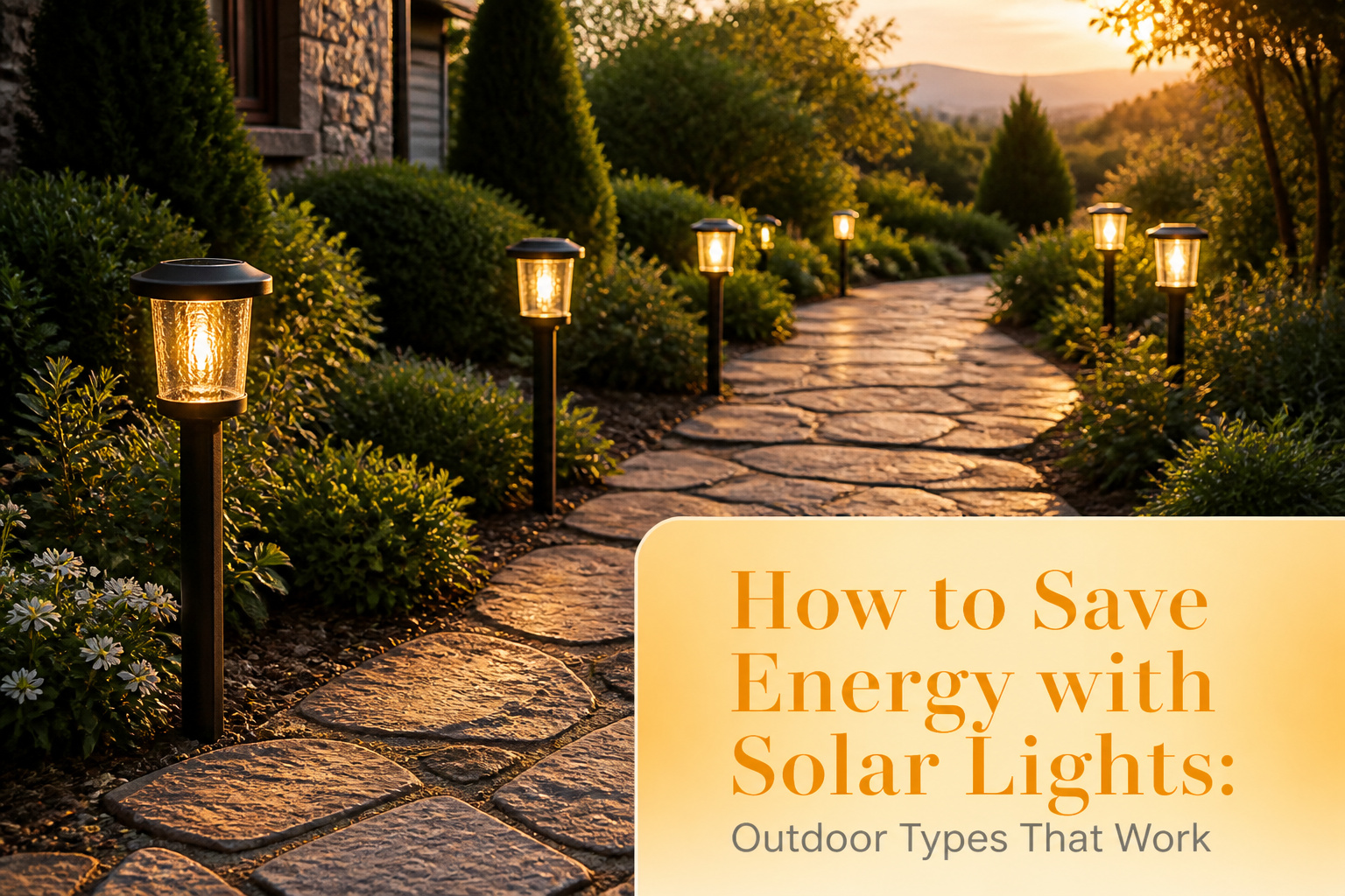 Various solar lights illuminating a garden path at dusk.