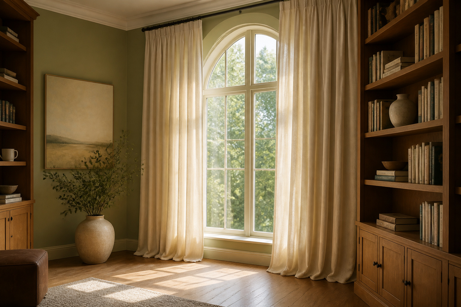 A large window with elegant curtains allowing sunlight to filter through.