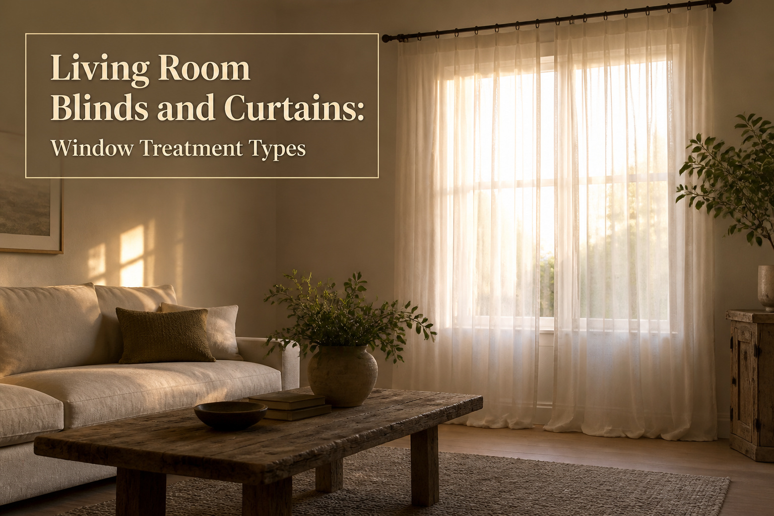 Different styles of living room blinds and curtains displayed together.