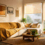 A bright room featuring different styles of window blinds.