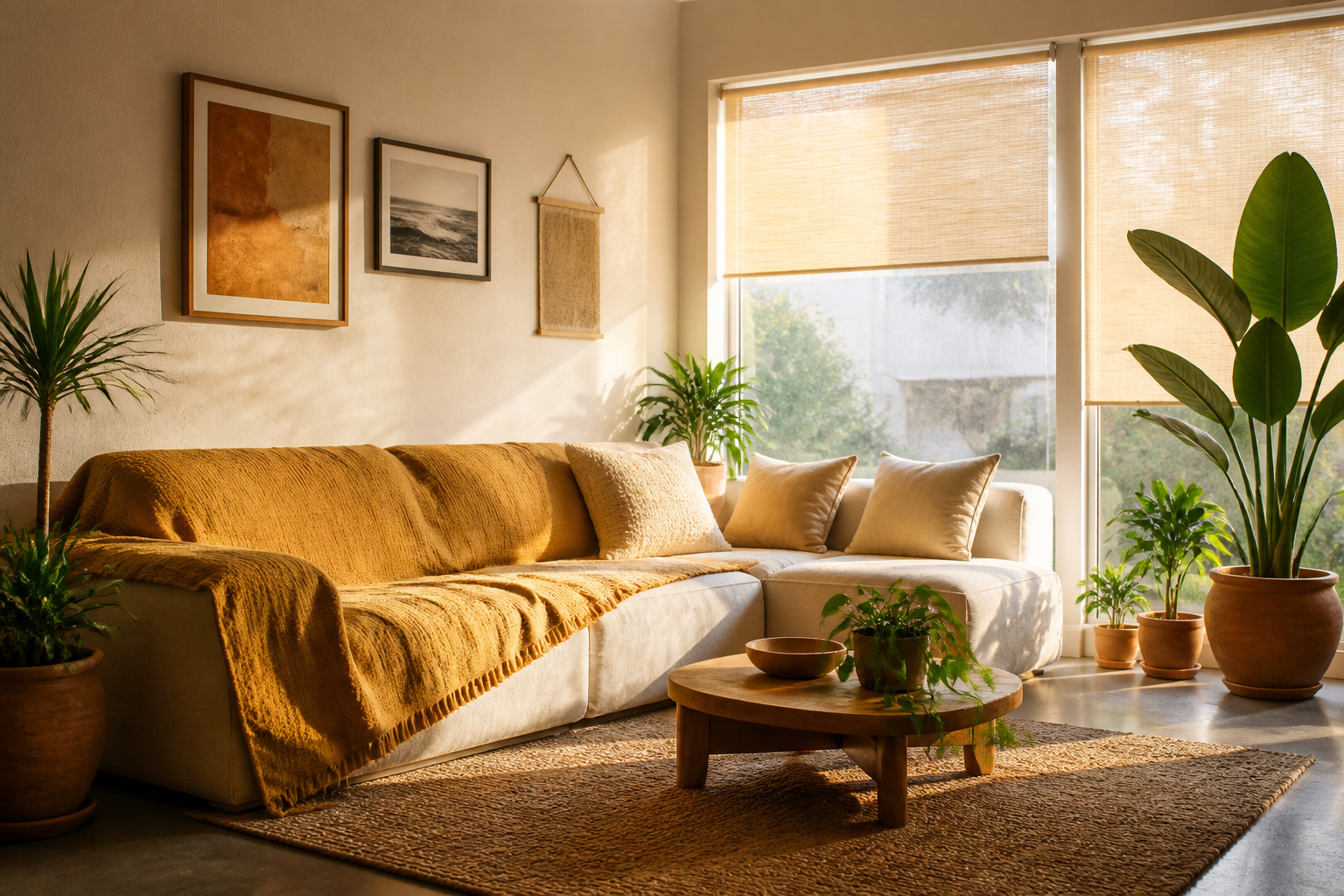 A bright room featuring different styles of window blinds.