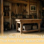 A well-organized shed with tools, shelves, and storage bins visible.
