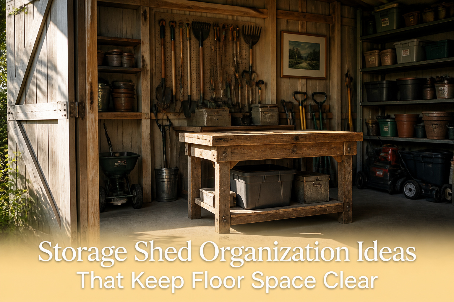 A well-organized shed with tools, shelves, and storage bins visible.