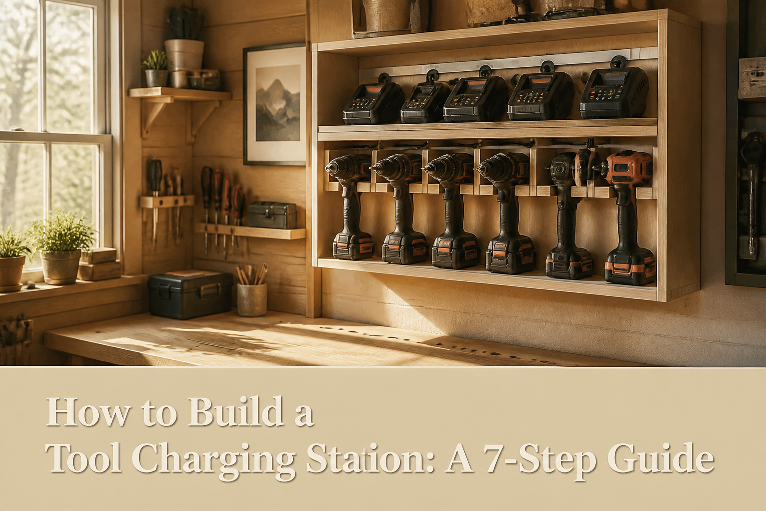A tool charging station with various chargers and tools neatly arranged.