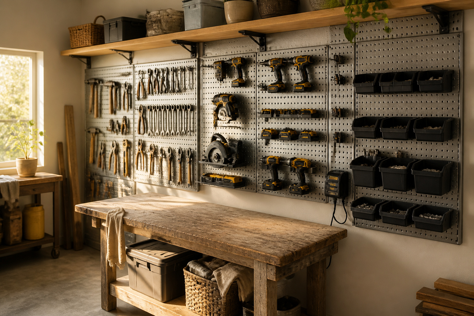 A tool organization wall with various tools and storage options arranged neatly.