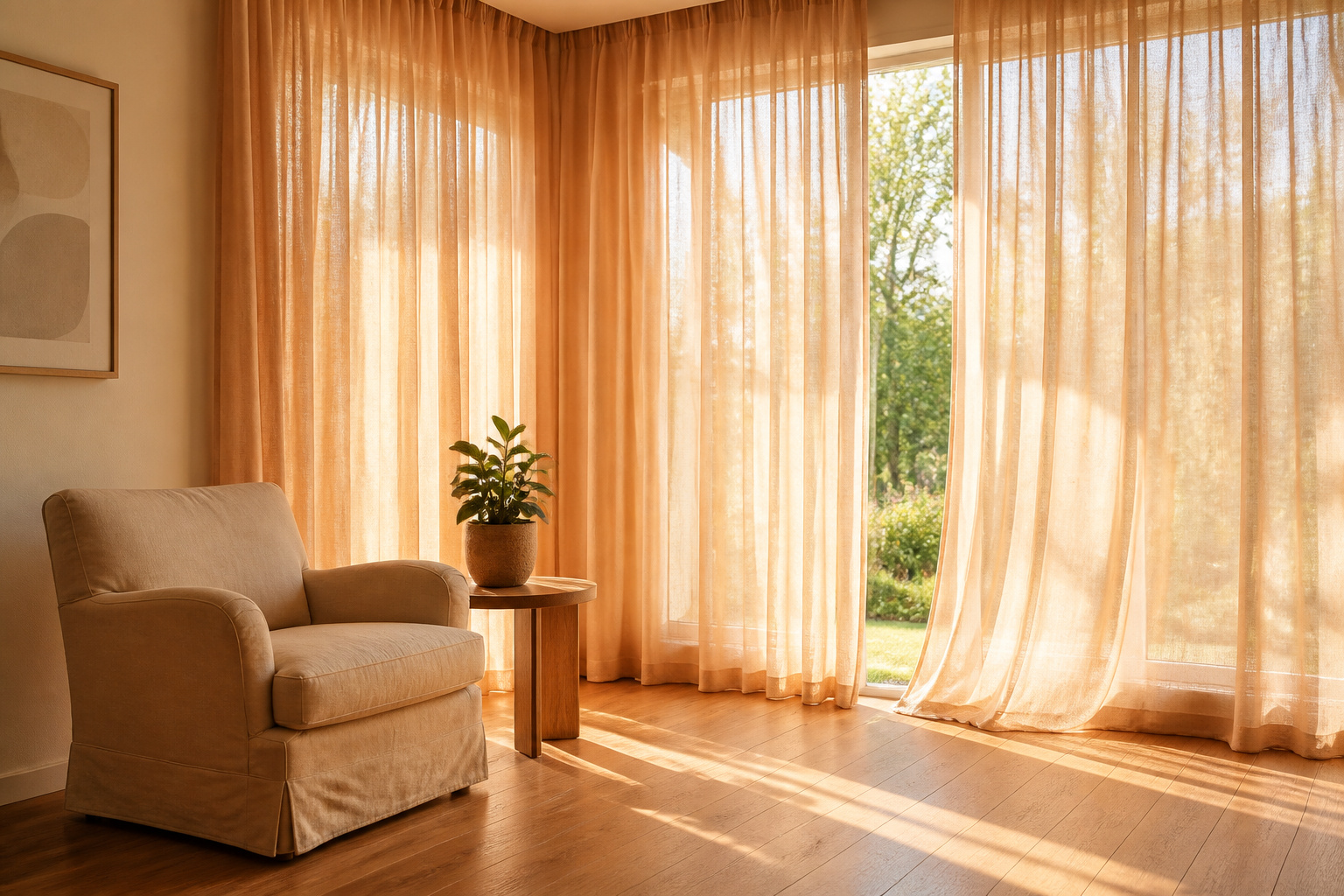 Living room with various styles of wall-to-wall curtains.
