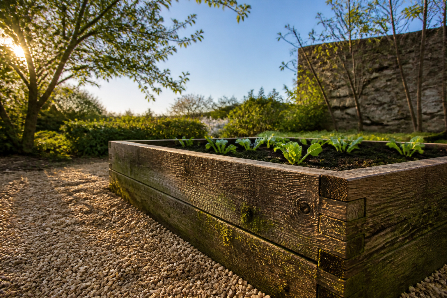 A raised garden bed filled with various vegetables and healthy soil.