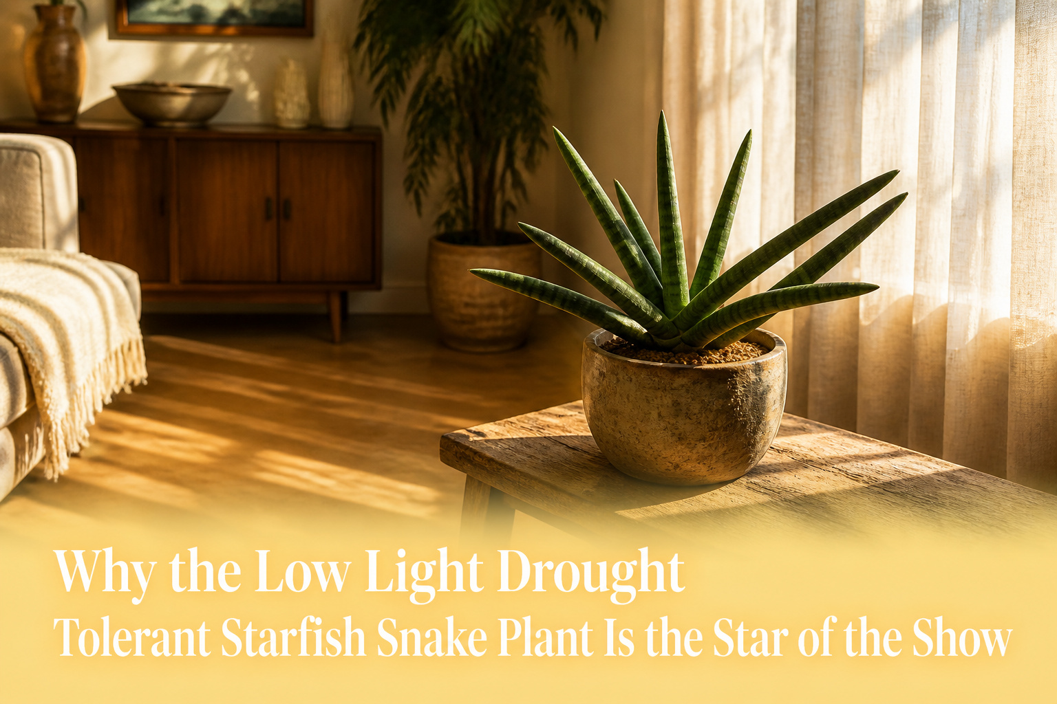 A starfish snake plant with cylindrical leaves in bright, indirect sunlight.