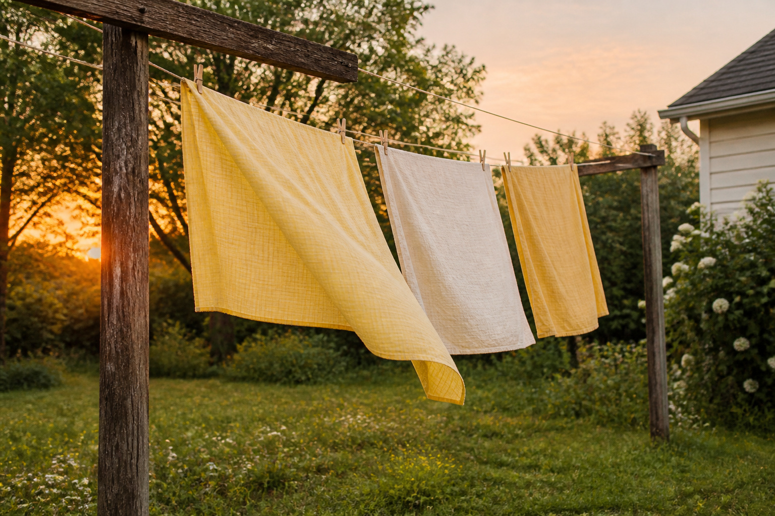 Clothes hanging on a clothesline in bright sunlight with a garden backdrop.