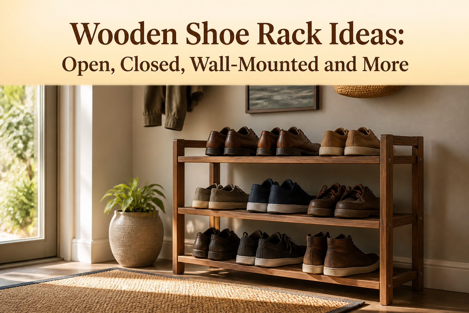 Wooden shoe rack with assorted shoes in a well-lit entryway.